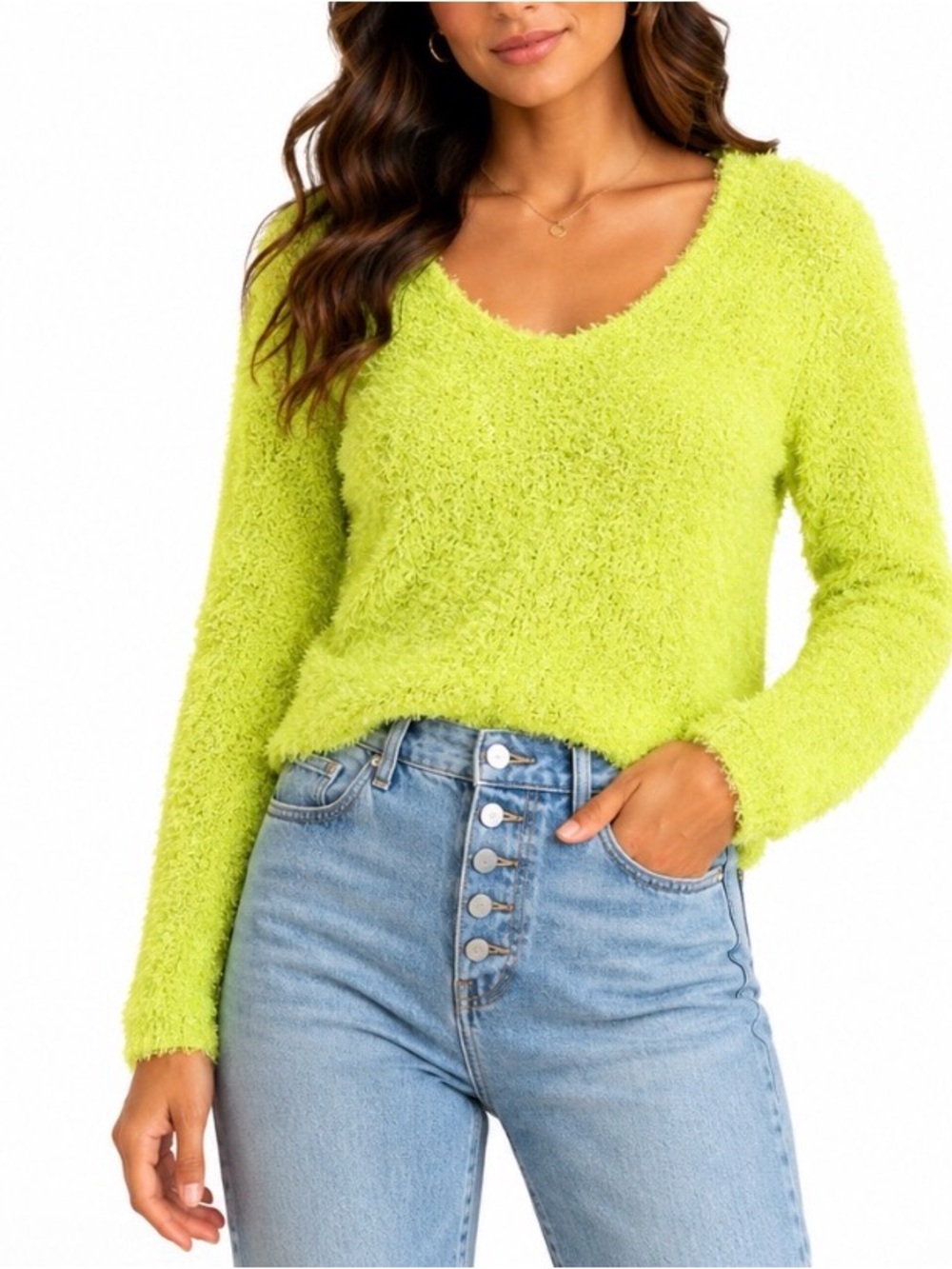 Tiff Tif Cozy Lime green Fuzzy plush Scoop-Neck Women's Sweater knit SZ SM